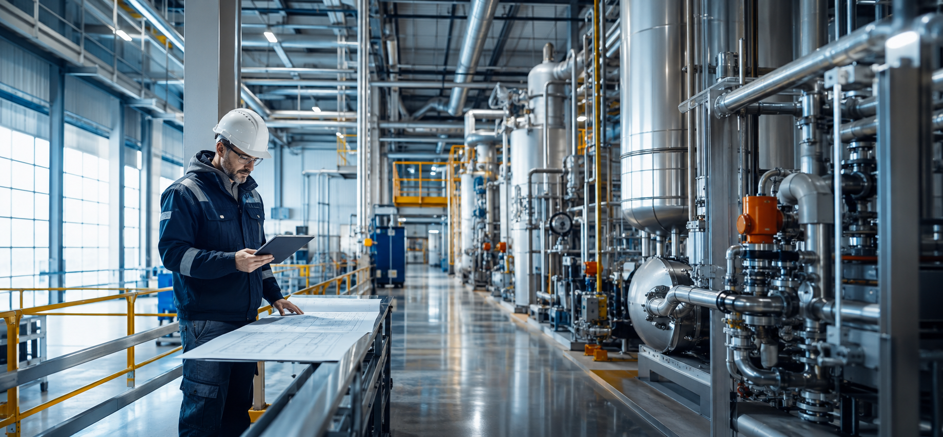 Industrial project lead reviewing plans in a modern manufacturing facility
