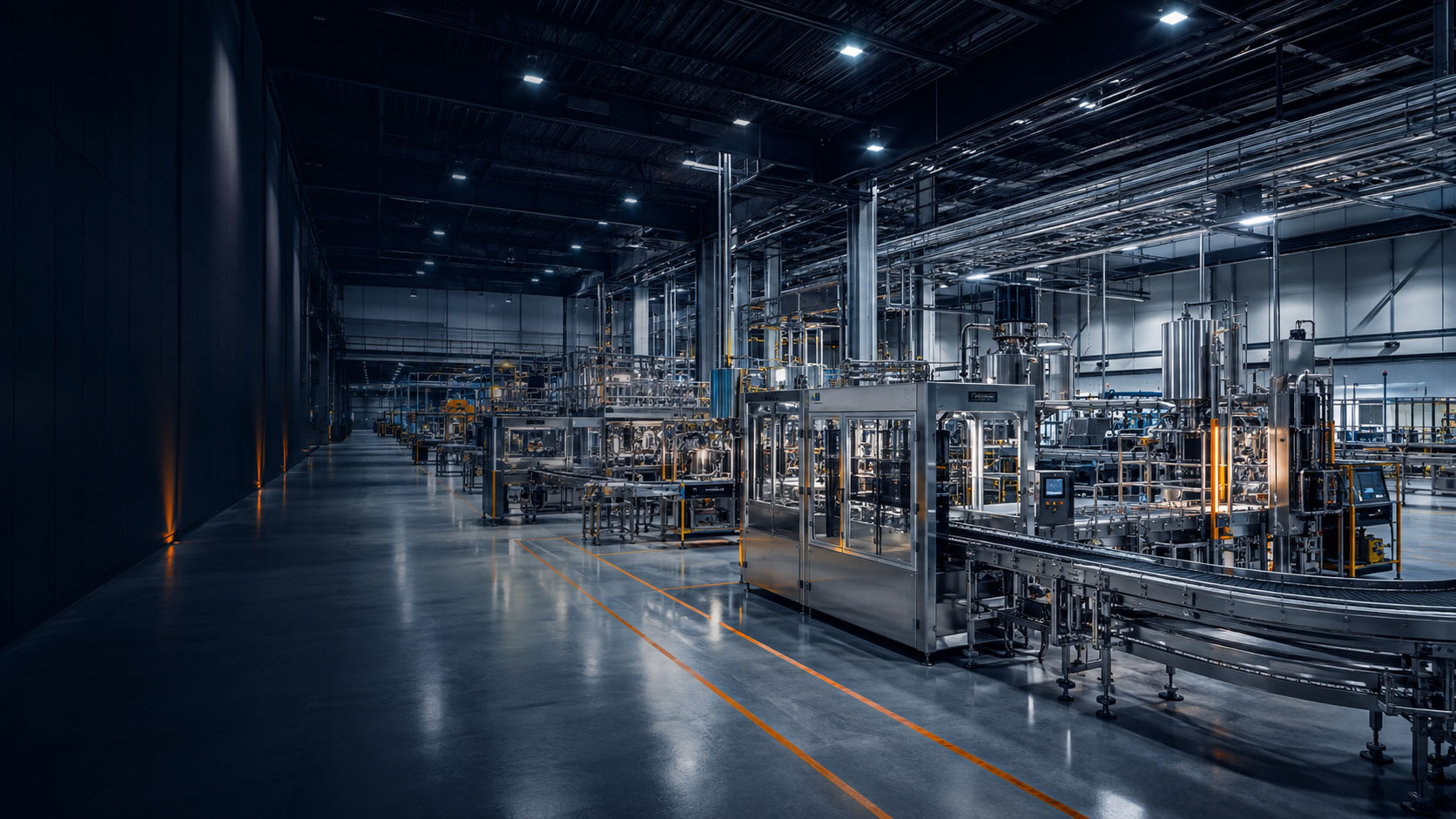 Modern industrial production floor with automated equipment and stainless process systems